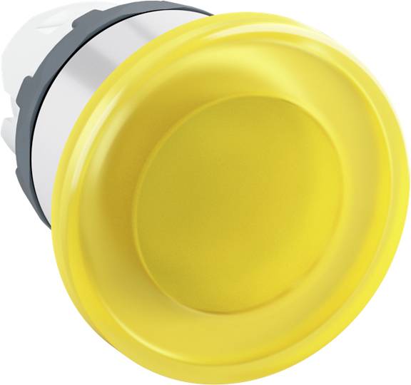 Großer gelber Not-Aus-Schalter, meist rund, auf weißem Hintergrund. Wird verwendet, um Maschinen im Notfall schnell abzuschalten.