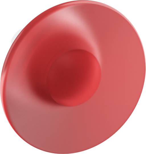 Roter, tellerförmiger Knopf mit einem mittigen, abgerundeten Vorsprung.