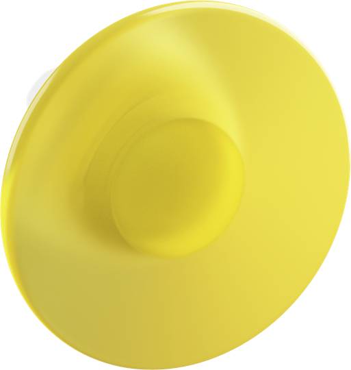 Eine gelbe Taste oder Knopf auf einer Oberfläche, möglicherweise ein Not-Aus-Schalter.