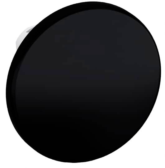 Schwarzer runder Knopf oder Sensor auf weißem Hintergrund, möglicherweise Teil eines elektronischen Geräts oder Schalters.