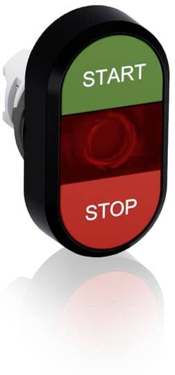 Ein rechteckiger Schalter mit zwei Tasten: grün mit 'START' oben und rot mit 'STOP' unten; beide Farben symbolisieren Funktionen.