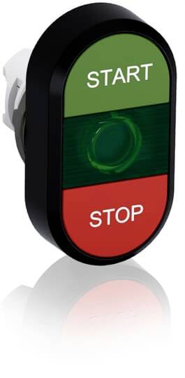 Schalter mit zwei Tasten: Oben grün mit 'START', unten rot mit 'STOP'.
