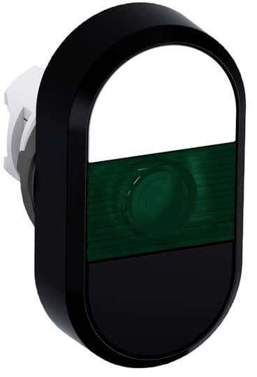 Schalter mit schwarzem Rahmen und grün leuchtender Taste in der Mitte, geeignet für Bedienfelder oder Steuergeräte.