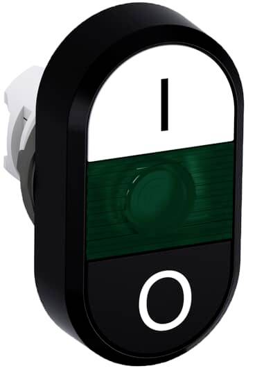 Schwarzer Kippschalter mit grünem Licht; oben 'I' für Ein, unten 'O' für Aus.