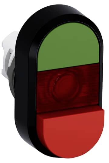 Ein zweifarbiger Kontrollschalter mit grünem oberen und rotem unteren Abschnitt, zur Anzeige von Betriebs- oder Alarmzuständen.