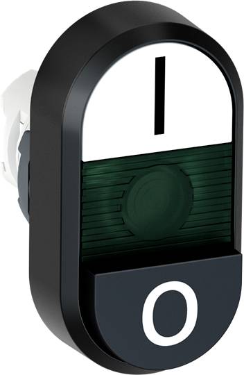 Ein ovaler Wippschalter mit 'I' und 'O' Symbolen, schwarz-weißer Hebel zeigt den Schaltzustand an: 'I' für ein, 'O' für aus.