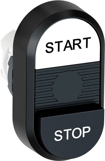 Ein ovaler Schalter mit zwei Bereichen: oben weiß mit der Beschriftung 'START', unten schwarz mit der Beschriftung 'STOP'.