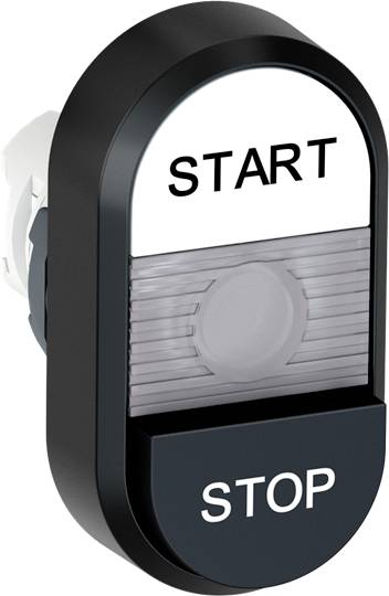 Knopf mit zwei Abschnitten. Oben steht 'START', unten 'STOP'. Der Knopf dient zur Steuerung von Ein- und Ausschaltvorgängen.
