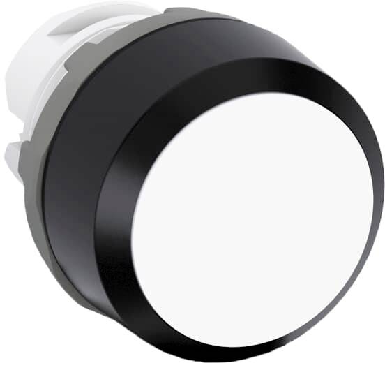 Runder, weißer Knopf mit schwarzem Rand, meist verwendet als Bedienungselement oder Schalter in elektronischen Geräten.