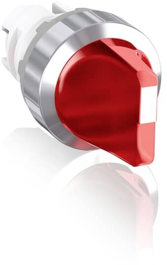 Roter Elektroschalter mit silbernem Rand in reflektierender Umgebung.