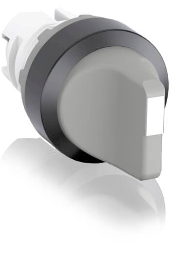 Grauer Drehschalter mit schwarzem Ring, leicht nach rechts gedreht. Er wird verwendet, um elektrische Geräte ein- oder auszuschalten.