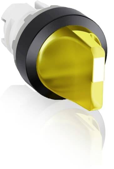 Gelber Drehschalter mit schwarzem Rahmen auf weißem Hintergrund. Der Schalter ist leicht nach rechts gedreht.