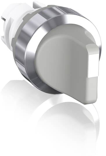 Ein silber-grauer Drehschalter aus Metall und Kunststoff. Der Griff ist ergonomisch geformt.