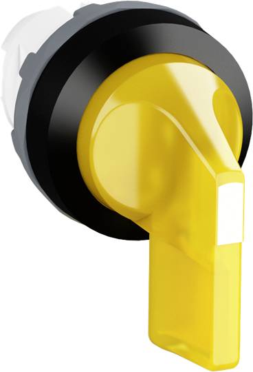 Ein gelber Hebel an einem elektrischen Schalter, der nach rechts zeigt. Der schwarze Rahmen umgibt den gelben Griff.