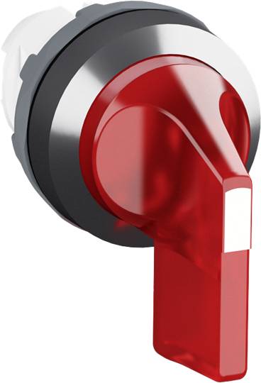 Ein roter Not-Aus-Schalter in der Aus-Stellung, verwendet zur schnellen Deaktivierung von Maschinen im Notfall.