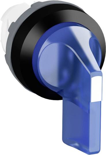Blauer Kunststoffhebel in einer runden, schwarzen Halterung, wahrscheinlich ein Bedienknopf oder Schalter für technische Geräte.
