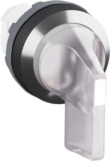 Ein silberfarbener Wasserhahnhebel mit einem schwarzen Ring, montiert an einer weißen Wand, in Nahaufnahme dargestellt.