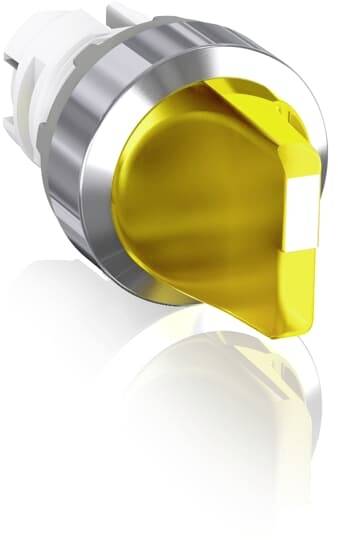 Drehschalter mit gelbem Griff und silberner Metallfassung, zeigt nach rechts. Verwendet in Industrieanlagen zur Steuerung von Geräten.