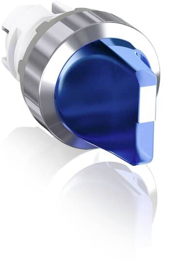 Ein blauer Schalterknopf aus Metall mit silbernem Rand. Der Knopf ist leicht nach rechts gedreht und spiegelt sich auf einer glänzenden Oberfläche.