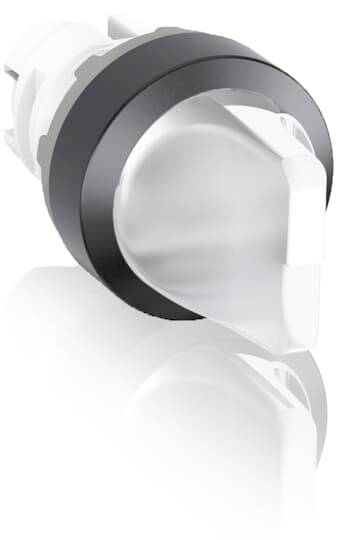 Ein silberner und schwarzer Drehknopf mit einem reflektierenden Glanz auf einer weißen Fläche.