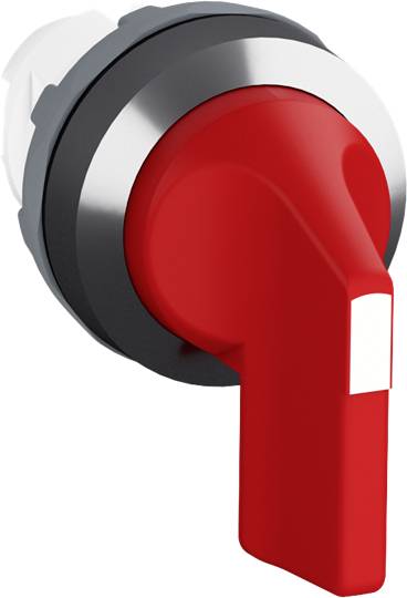 Ein roter Not-Aus-Drehschalter, der an der Wand befestigt ist. Der Schalter ist in der Position 