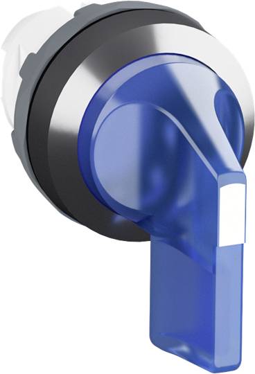 Ein blauer Hebelgriff an einem silbernen Zylinder, möglicherweise Teil eines industriellen Ventils oder Schaltsystems.