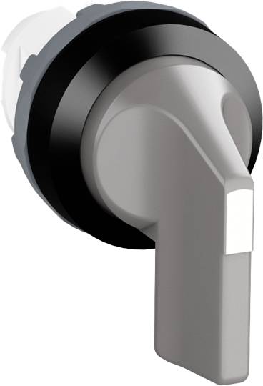 Ein grauer, plastischer Türgriff in Nahaufnahme, leicht nach oben gerichtet, mit einem schwarzen Ring an der Basis.