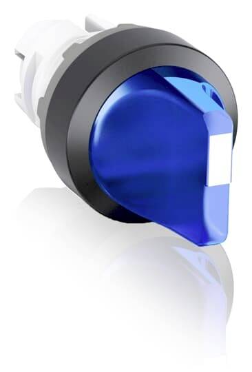 Ein blauer Hebelschalter mit schwarzem Rand und reflektierender Oberfläche, zum Steuern von Geräten oder Maschinen.