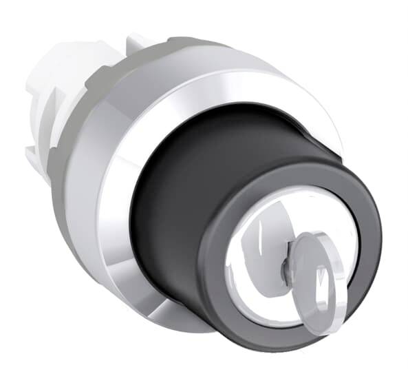 Schlüsselschalter mit runder, metallischer Fassung und eingesetztem Schlüssel.