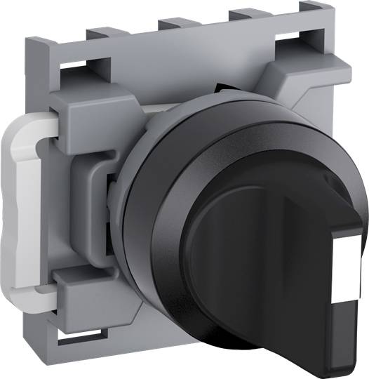 Ein schwarzer Drehschalter in einer grauen Halterung. Der Schalter ist in der Aus-Position auf einer weißen Oberfläche.