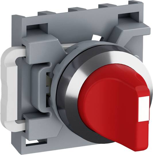 Ein roter Drehschalter befestigt in einem grauen Rahmen, oft verwendet in elektrischen Steuerungssystemen oder Maschinenbedienfeldern.