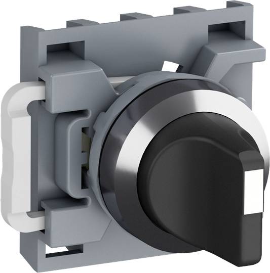 Ein grauer Drehschalter in einem Kunststoffgehäuse, mit schwarzem Griff und metallischem Rand, geeignet für Schalttafeln.