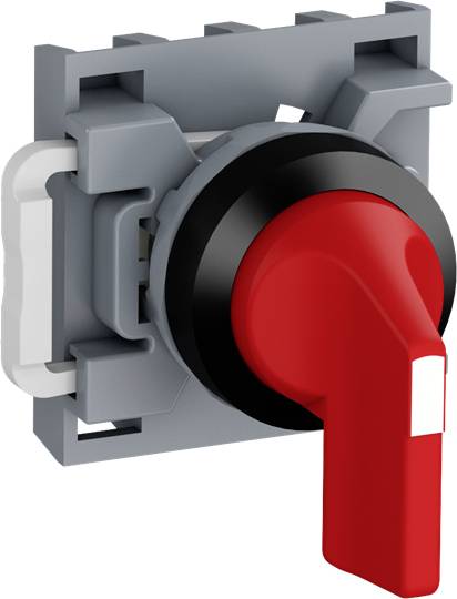 Ein roter Schalter in der Mitte eines grauen Gehäuses. Der Schalter ist nach rechts geneigt und eignet sich zum Ein- und Ausschalten.