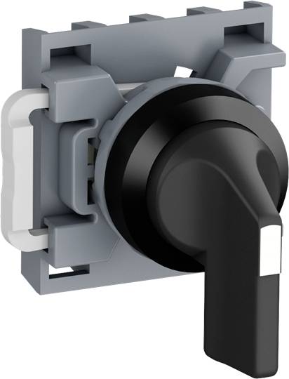 Plastik-Drehschalter in grauer Rahmenhalterung, vorne ein schwarzer Griff zum Drehen, geeignet für industrielle Anwendungen.