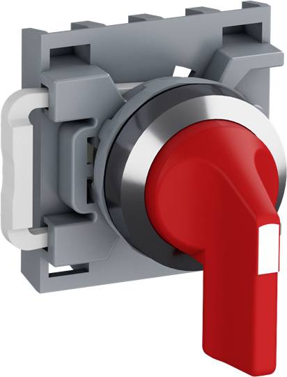 Ein roter Schalthebel befindet sich in Mittelstellung an einem grauen, quadratischen Halter.