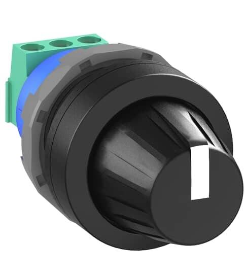Drehschalter mit schwarzem Knopf, grüner und blauer Rückseite. Wird zur Steuerung von elektrischen Geräten verwendet.