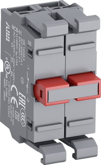 Ein grauer Mini-Leistungsschalter mit roten Schaltern, technische Spezifikationen und Prüfzeichen sind auf der Seite aufgedruckt.