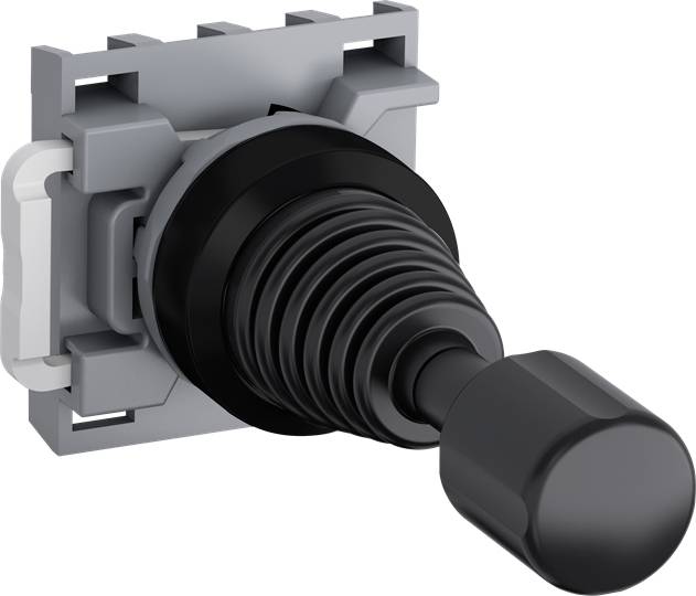 Ein schwarzer Joystick mit geriffeltem Griff und grauer Befestigungsplatte.