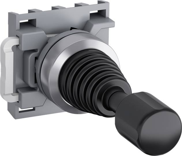 Ein schwarzer, gerippter Joystick mit grauer Fassung und quadratischer Halterung, geeignet für technische Anwendungen oder Spielekonsolen.