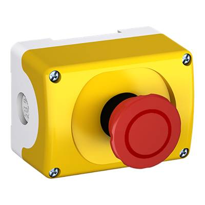 Ein großer roter Not-Aus-Knopf auf gelbem Gehäuse, symbolisiert die Möglichkeit, Maschinen schnell abzuschalten im Notfall.