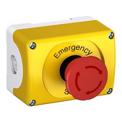 Gelber Not-Aus-Schalter mit rotem Knopf und der Aufschrift 'Emergency Stop', verwendet zur Unterbrechung von Maschinen im Notfall.