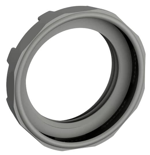 Graues rundes Kunststoffteil, das wie ein Gewindering geformt ist, möglicherweise ein Bestandteil eines größeren mechanischen Geräts.