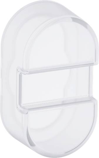 Ein transparenter Kunststoffbehälter mit ovaler Form und zwei Fächern, perspektivisch von vorne zu sehen.