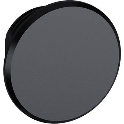Eine runde, schwarze Scheibe mit glatter Oberfläche, die möglicherweise ein Objektivfilter oder eine Abdeckung darstellt.