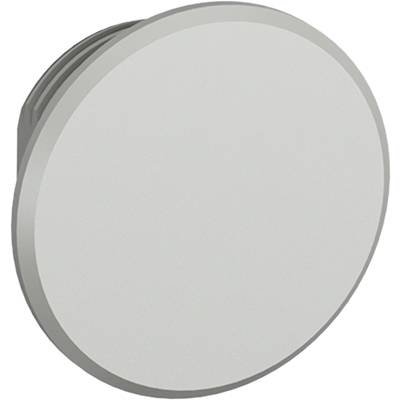 Runder, flacher Plastikdeckel, grau, mit einem gerillten Rand.