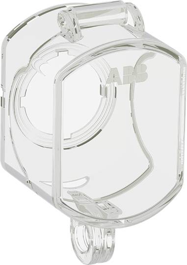 Klare, transparente Abdeckung für ein elektrisches Gerät, mit integriertem Schlossbügel oben und unten und 'ABB'-Logo oben.
