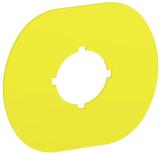Gelbe, ovale Form mit einem weißen ovalen Loch in der Mitte und kleinen rechteckigen Aussparungen an den Enden des weißen Bereichs.