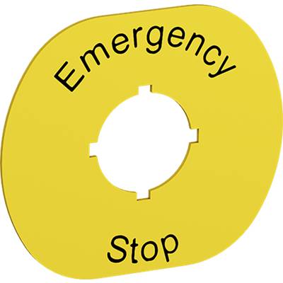 Gelbes Notaus-Schild mit der Aufschrift 'Emergency Stop' um einen schwarzen Kreis in der Mitte.