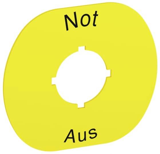 Gelbes Schild mit der Aufschrift 'Not Aus'. Es zeigt einen Umriss für die Montage eines Not-Aus-Schalters.