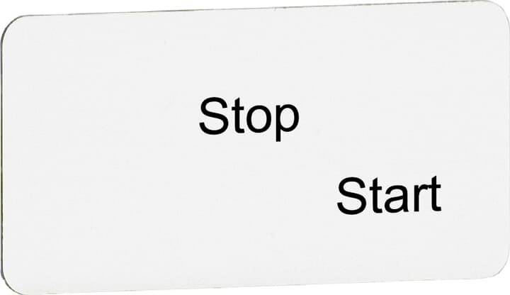 Ein rechteckiges Schild mit den Wörtern 'Stop' oben links und 'Start' unten rechts auf weißem Hintergrund.